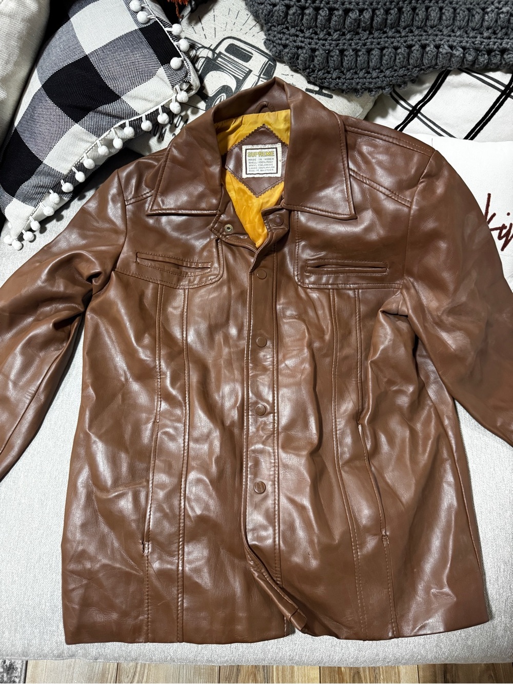 Supreme Men's Brown Leather Jacket with Quilted Yellow Lining